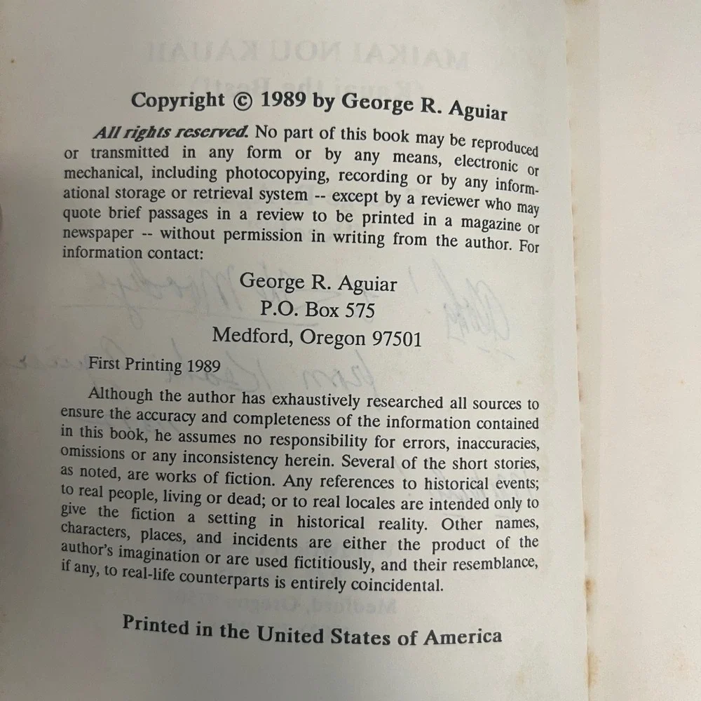 Signed Maikai Nou Kauai! George R Aguiar Keoki 1989 First Printing Hawaii Book